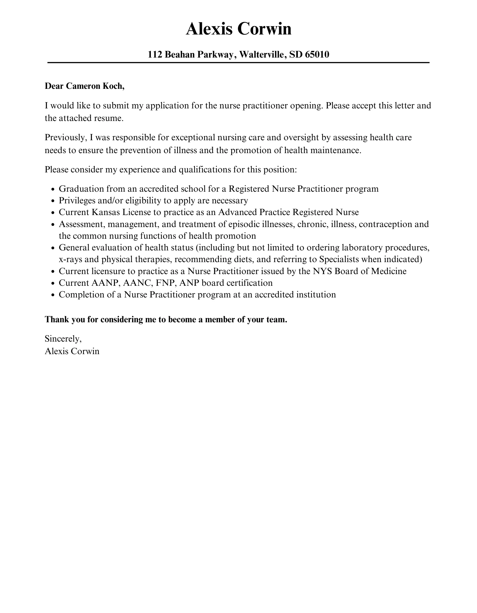37305 nurse practitioner cover letter key components
