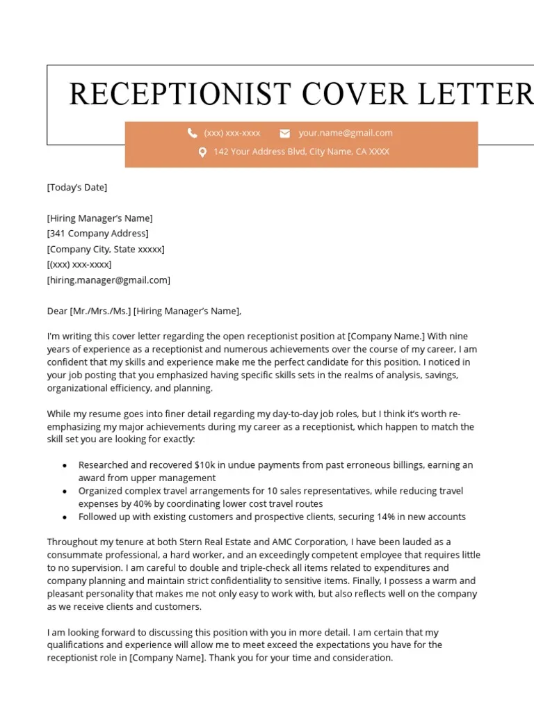 37335 receptionist cover letter example