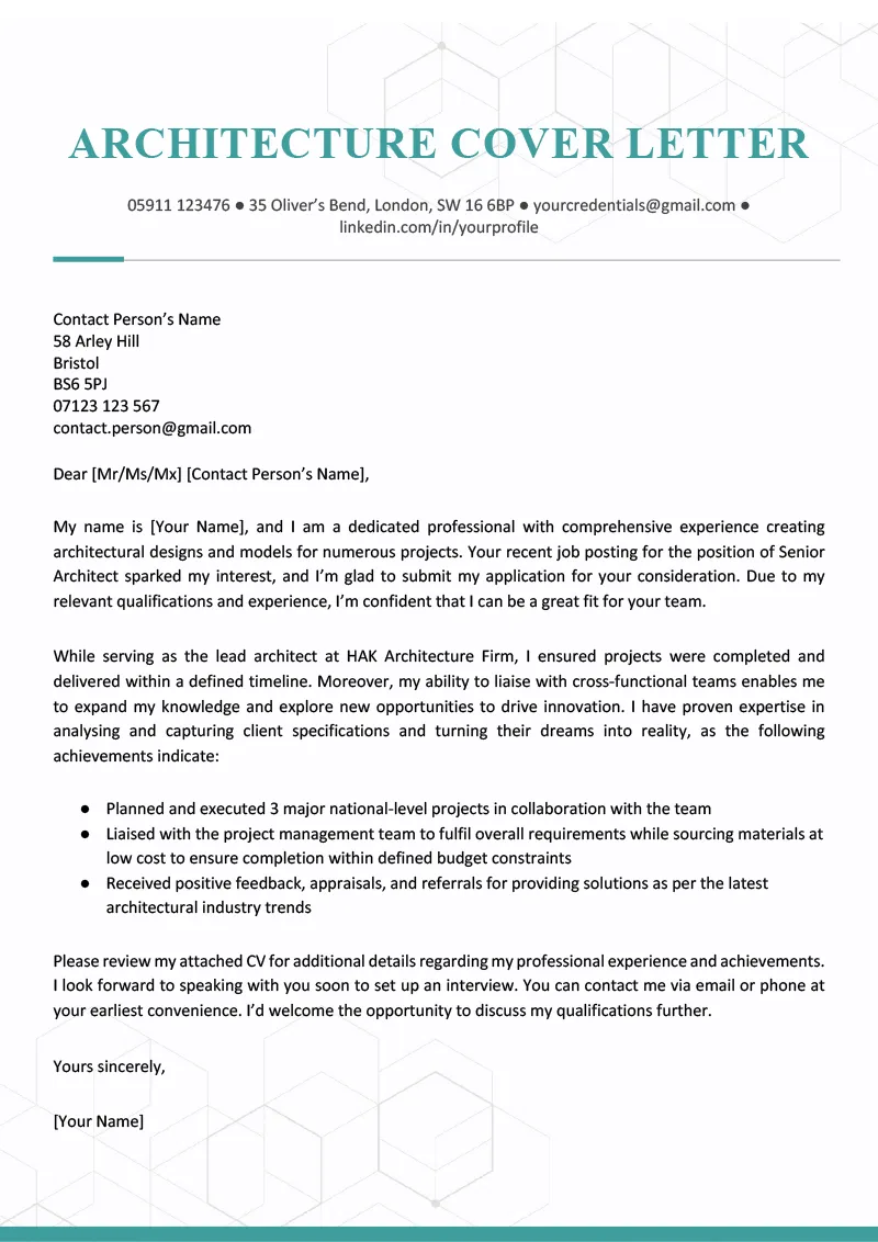 37406 architecture job cover letter design