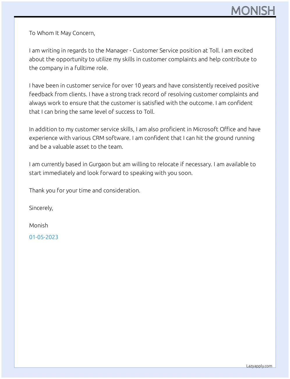 37463 customer service manager cover letter