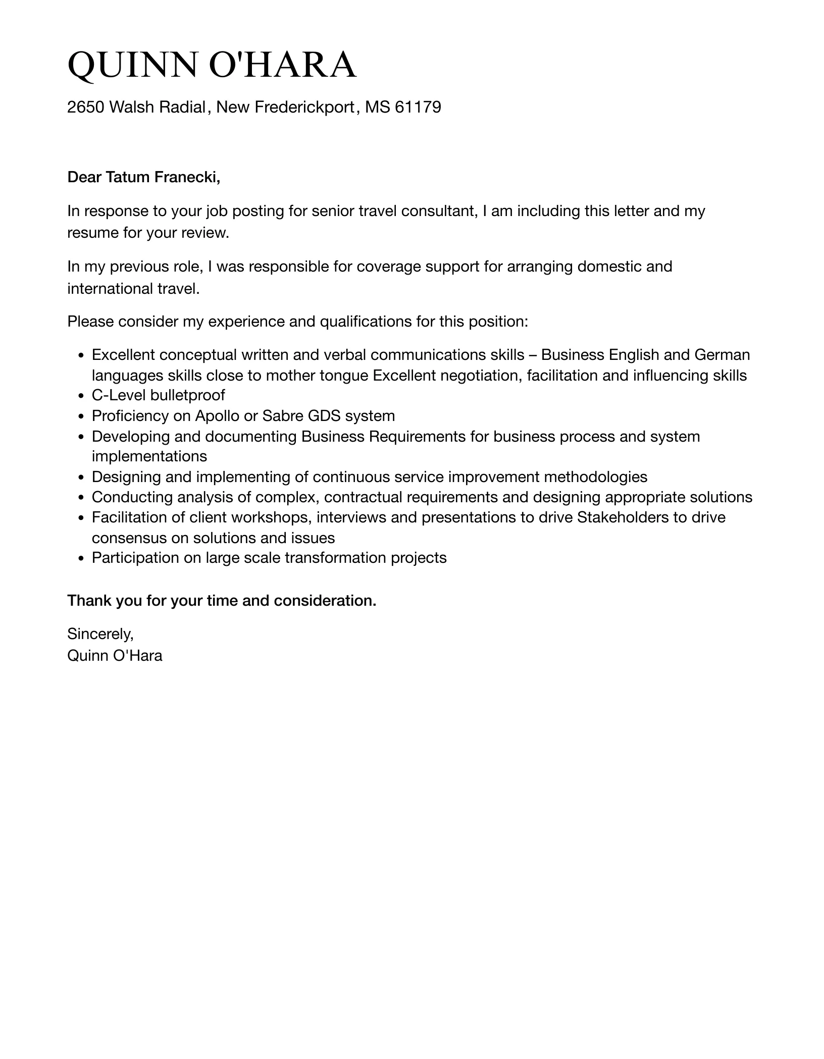 37472 travel consultant cover letter formatting